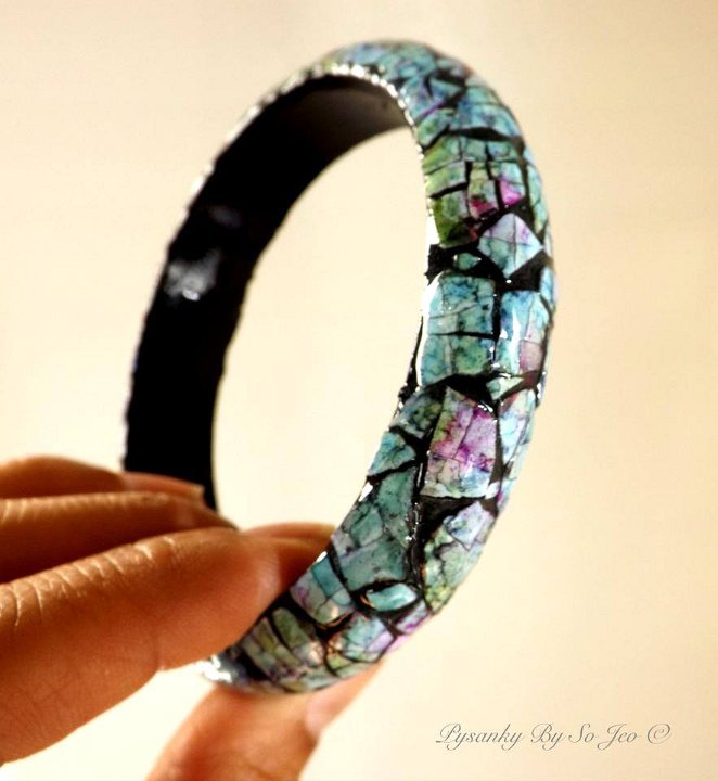 Stonewashed Blue, Lettuce and Cranberry Bracelet Eggshell Mosaic Jewelry by So Jeo